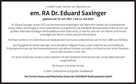 Traueranzeige von Eduard Saxinger von OÖNachrichten