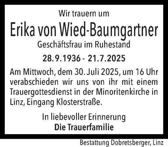 Traueranzeige von Erika von Wied-Baumgartner von OÖNachrichten