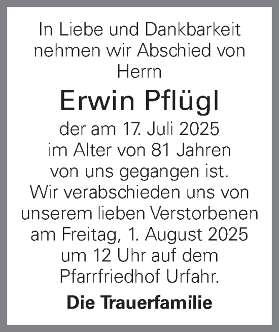 Traueranzeige von Erwin Pflügl von OÖNachrichten