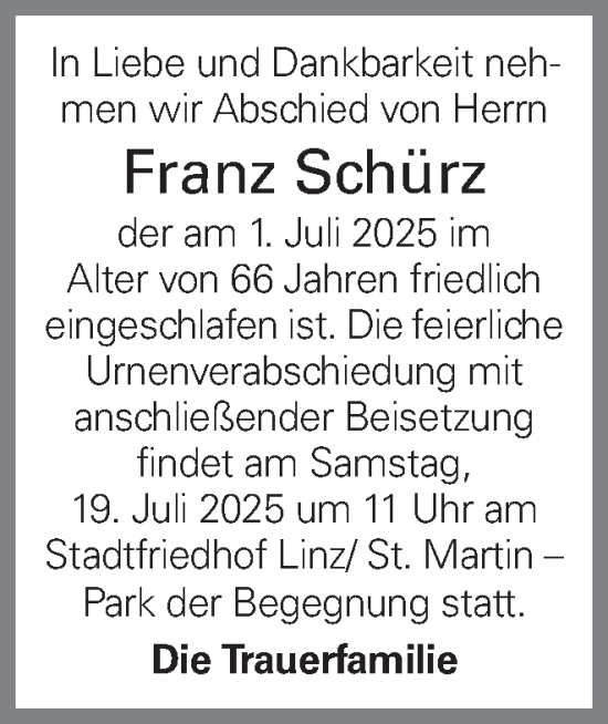 Traueranzeige von Franz Schürz von OÖNachrichten