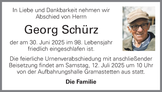 Traueranzeige von Georg Schürz von OÖNachrichten