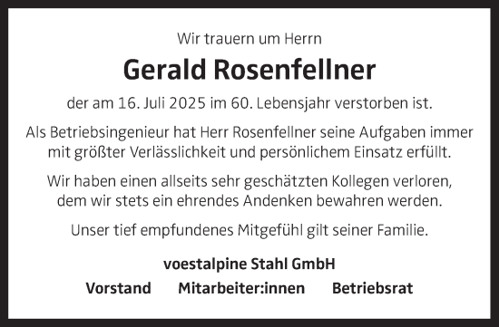 Traueranzeige von Gerald Rosenfellner von OÖNachrichten