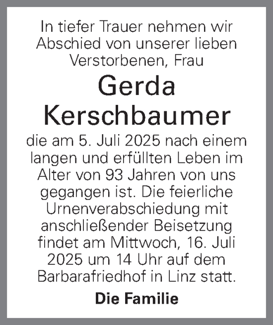 Traueranzeige von Gerda Kerschbaumer von OÖNachrichten