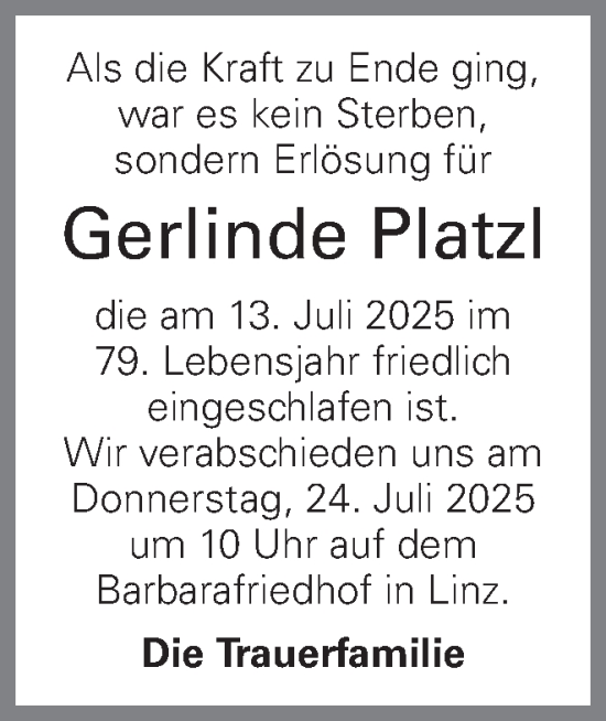 Traueranzeige von Gerlinde Platzl von OÖNachrichten