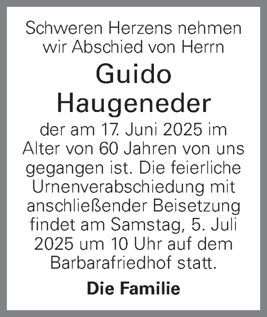 Traueranzeige von Guido Haugeneder von OÖNachrichten