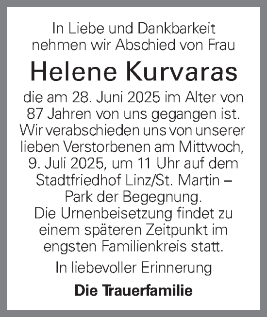 Traueranzeige von Helene Kurvaras von OÖNachrichten