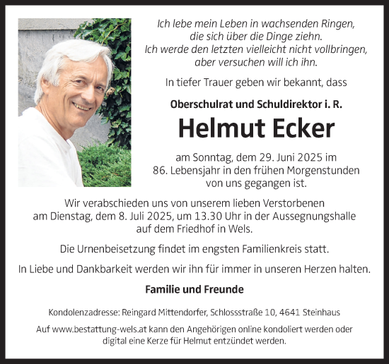 Traueranzeige von Helmut Ecker von OÖNachrichten