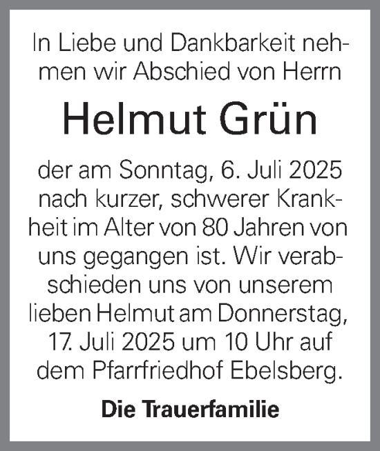 Traueranzeige von Helmut Grün von OÖNachrichten