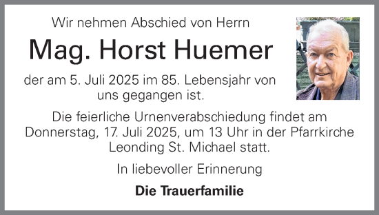 Traueranzeige von Horst Huemer von OÖNachrichten