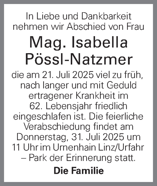Traueranzeige von Isabella Pössl-Natzmer von OÖNachrichten
