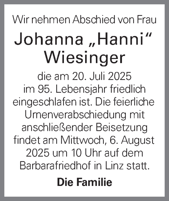 Traueranzeige von Johanna Wiesinger von OÖNachrichten