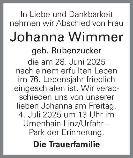Traueranzeige von Johanna Wimmer von OÖNachrichten