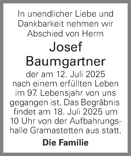 Traueranzeige von Josef Baumgartner von OÖNachrichten