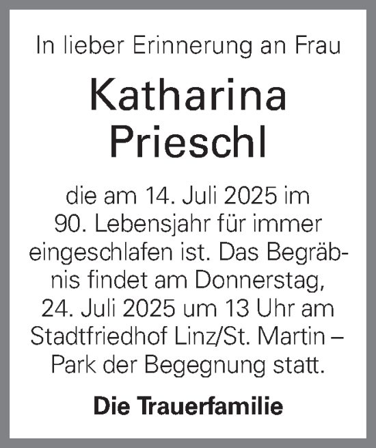 Traueranzeige von Katharina Prieschl von OÖNachrichten