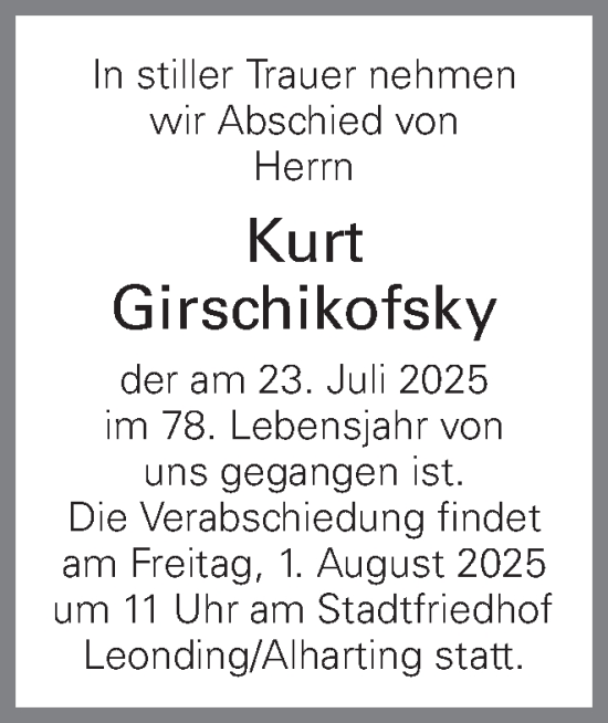 Traueranzeige von Kurt Girschikofsky von OÖNachrichten