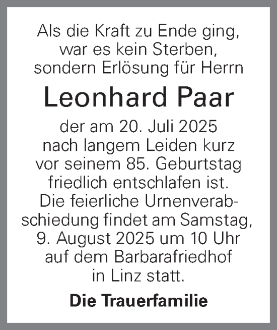 Traueranzeige von Leonhard Paar von OÖNachrichten