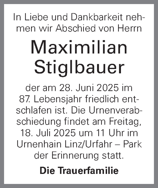 Traueranzeige von Maximilian Stiglbauer von OÖNachrichten
