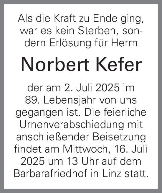 Traueranzeige von Norbert Kefer von OÖNachrichten