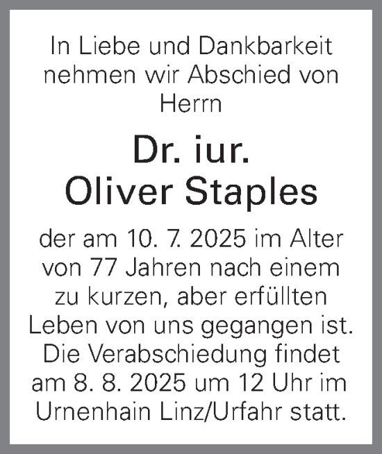 Traueranzeige von Oliver Staples von OÖNachrichten