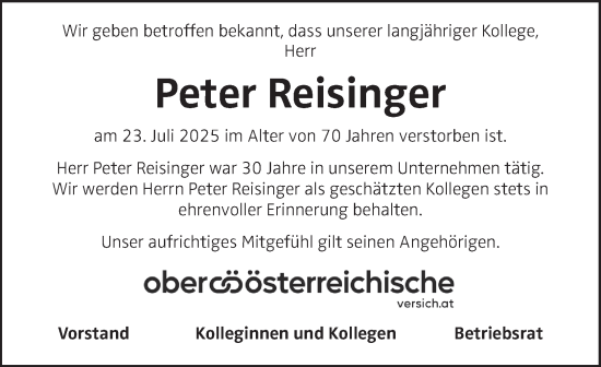 Traueranzeige von Peter Reisinger von OÖNachrichten