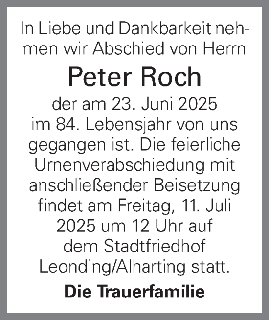 Traueranzeige von Peter Roch von OÖNachrichten