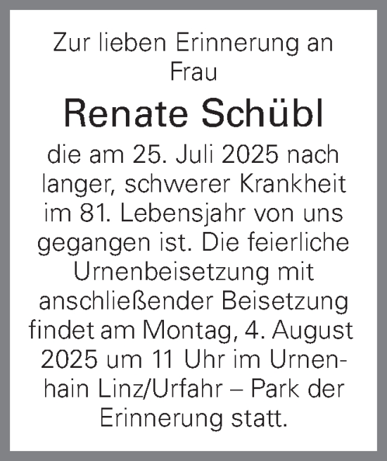 Traueranzeige von Renate Schübl von OÖNachrichten
