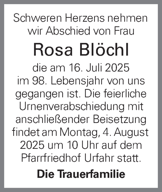 Traueranzeige von Rosa Blöchl von OÖNachrichten