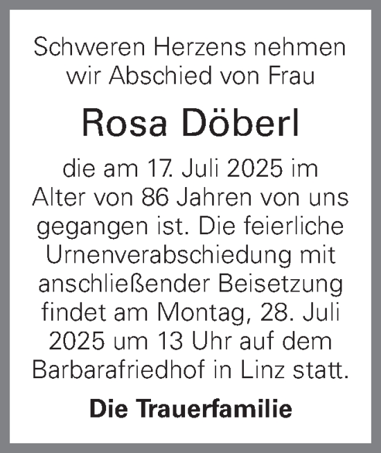 Traueranzeige von Rosa Döberl von OÖNachrichten