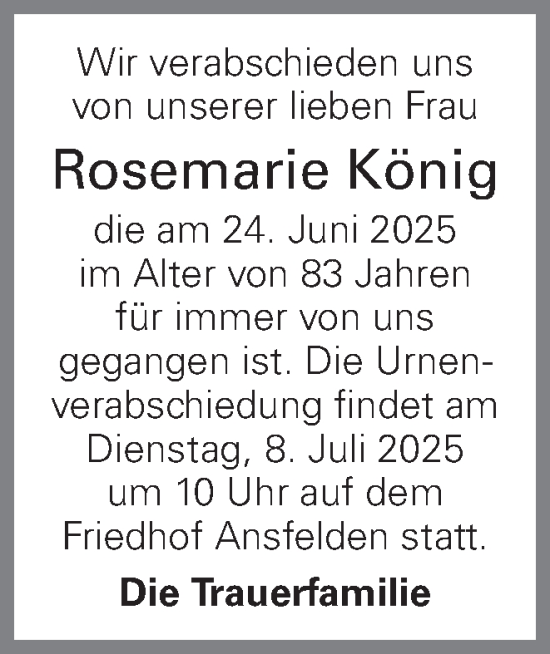Traueranzeige von Rosemarie König von OÖNachrichten