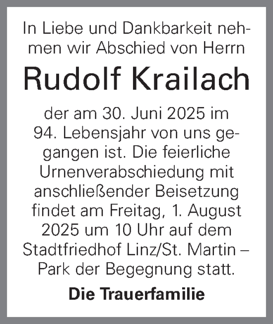 Traueranzeige von Rudolf Krailach von OÖNachrichten