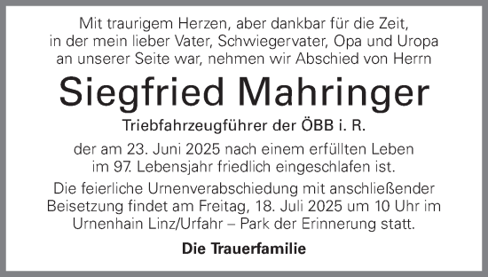 Traueranzeige von Siegfried Mahringer von OÖNachrichten
