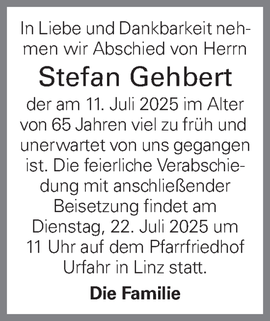 Traueranzeige von Stefan Gehbert von OÖNachrichten