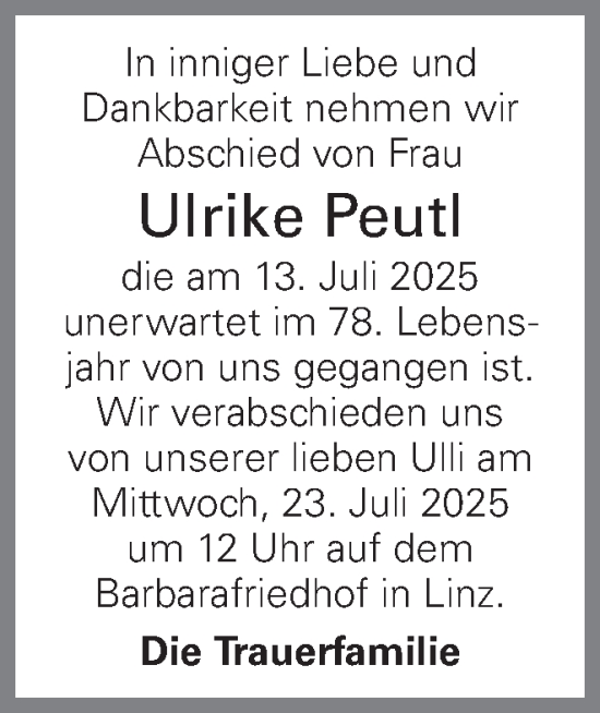 Traueranzeige von Ulrike Peutl von OÖNachrichten