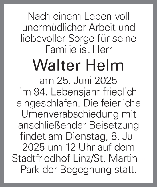 Traueranzeige von Walter Helm von OÖNachrichten