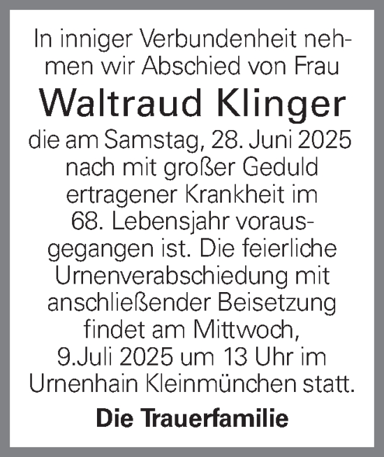 Traueranzeige von Waltraud Klinger von OÖNachrichten