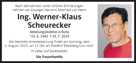 Traueranzeige von Werner-Klaus Scheurecker von OÖNachrichten