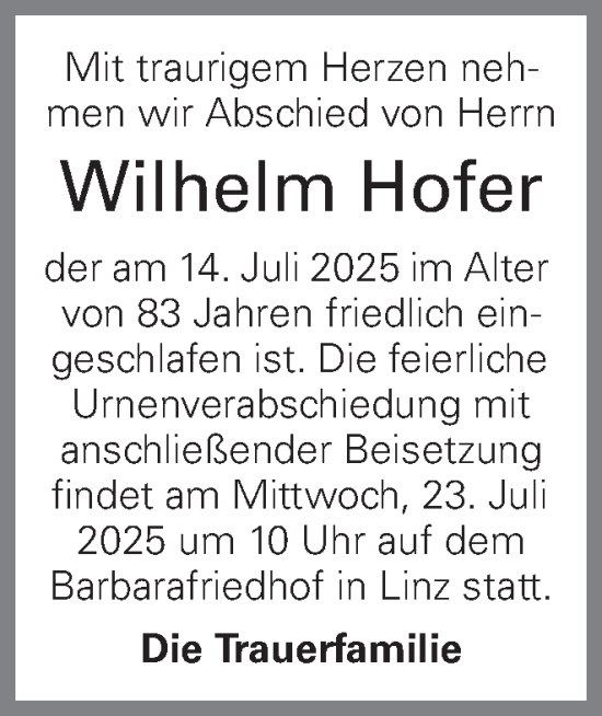 Traueranzeige von Wilhelm Hofer von OÖNachrichten