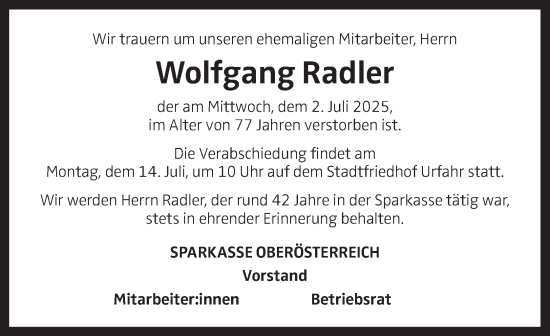 Traueranzeige von Wolfgang Radler von OÖNachrichten