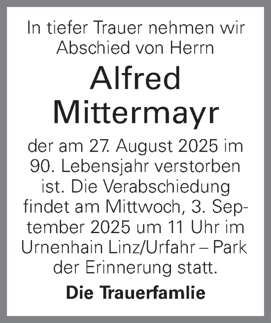 Traueranzeige von Alfred Mittermayr von OÖNachrichten