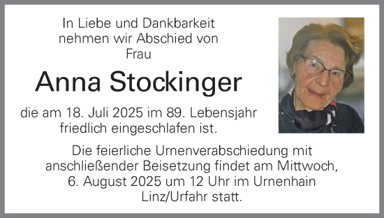 Traueranzeige von Anna Stockinger von OÖNachrichten