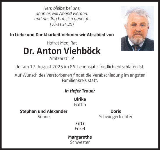 Traueranzeige von Anton Viehböck von OÖNachrichten