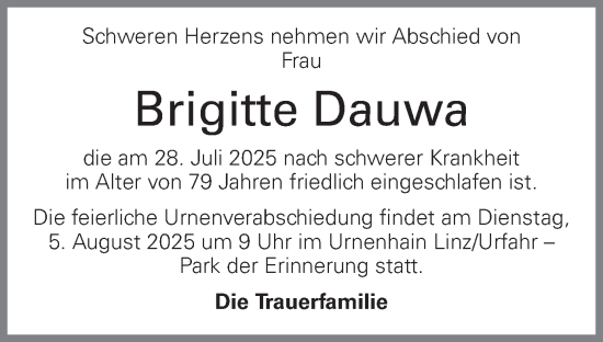 Traueranzeige von Brigitte Dauwa von OÖNachrichten