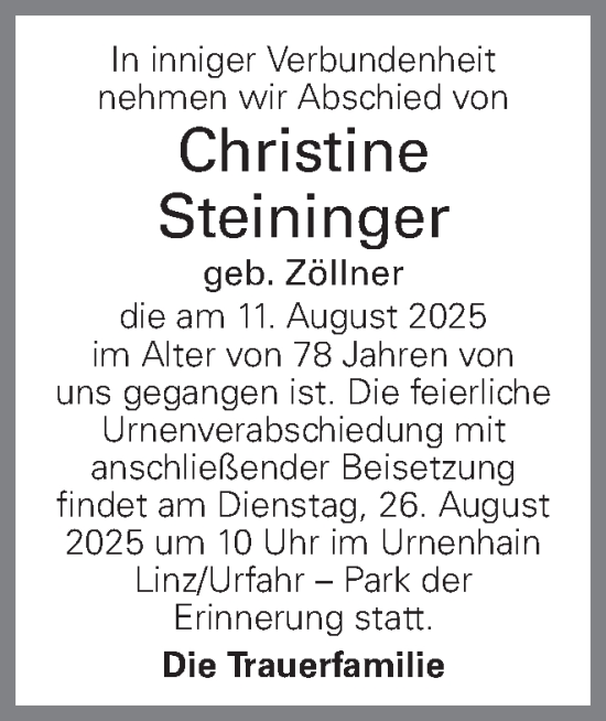 Traueranzeige von Christine Steininger von OÖNachrichten