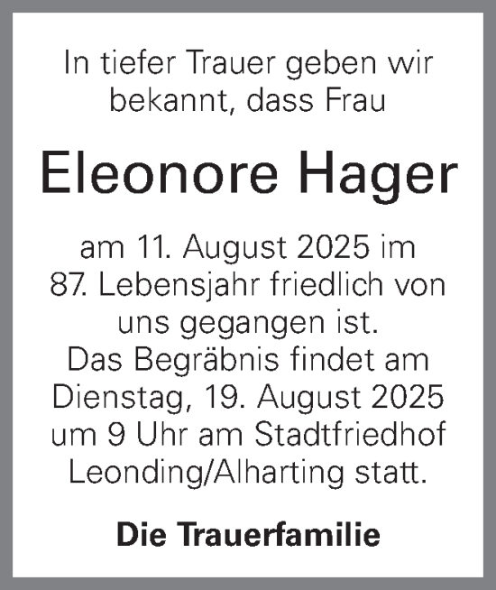 Traueranzeige von Eleonore Hager von OÖNachrichten