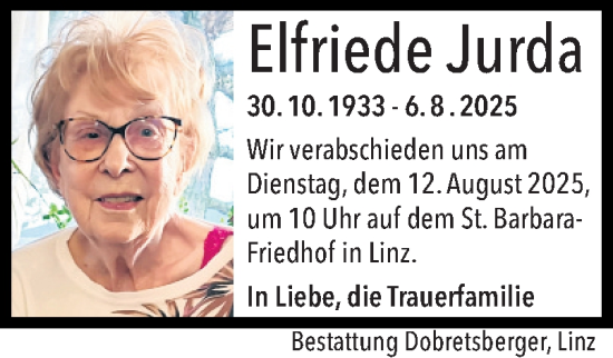 Traueranzeige von Elfriede Jurda von OÖNachrichten