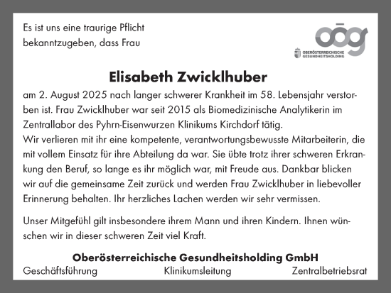 Traueranzeige von Elisabeth Zwicklhuber von OÖNachrichten