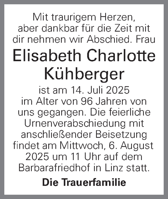 Traueranzeige von Elisabeth Charlotte Kühberger von OÖNachrichten