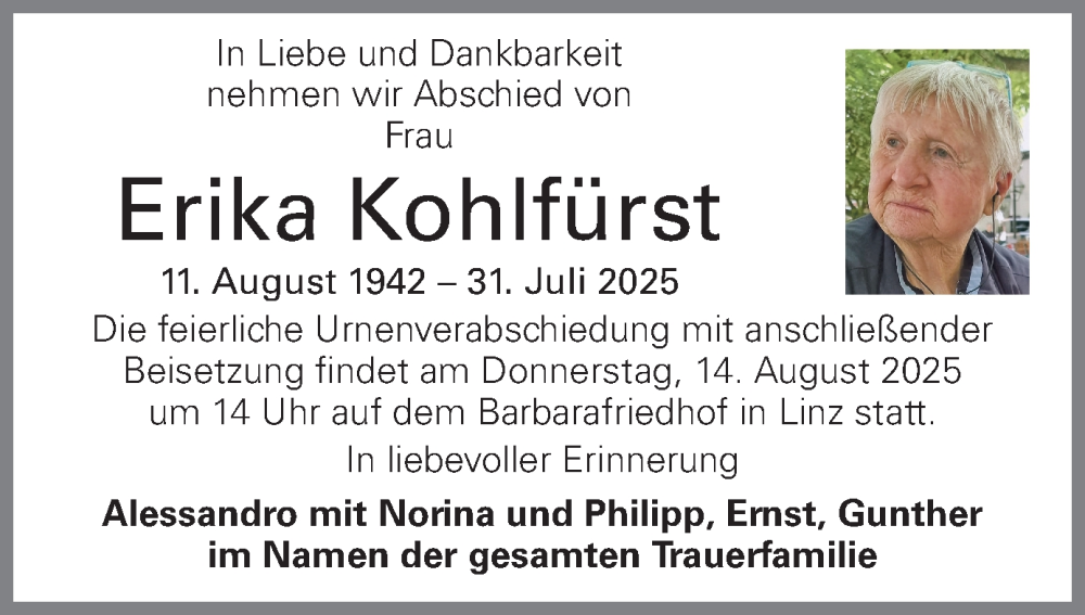  Traueranzeige für Erika Kohlfürst vom 09.08.2025 aus OÖNachrichten