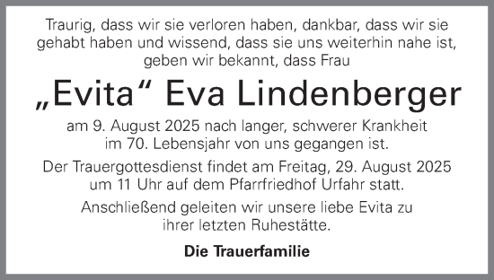Traueranzeige von Eva Lindenberger von OÖNachrichten
