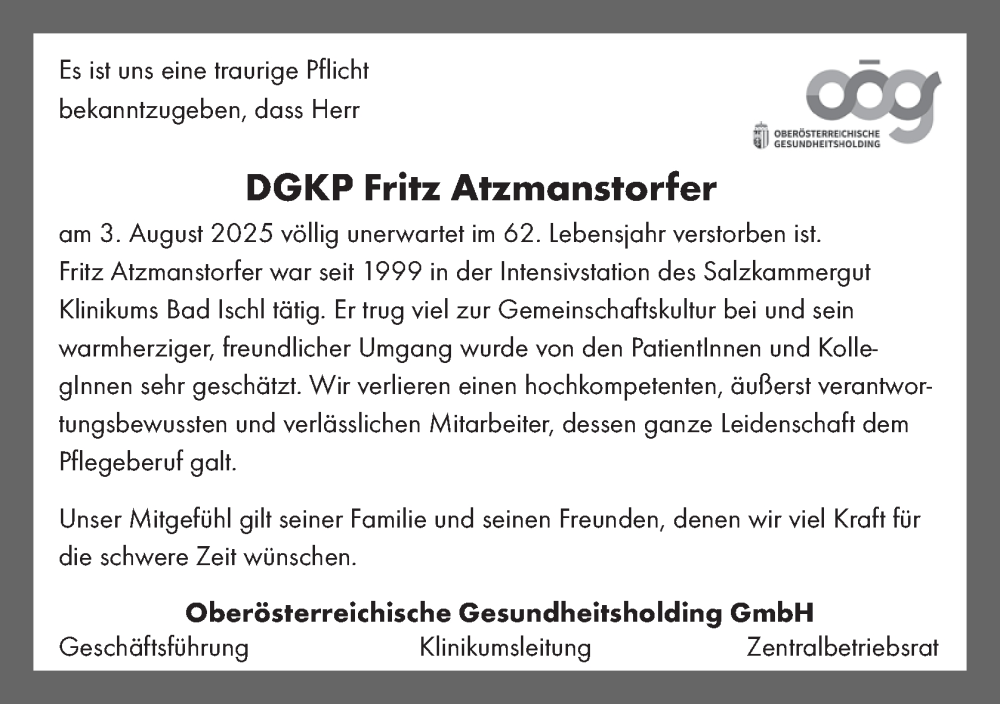  Traueranzeige für Fritz Atzmanstorfer vom 12.08.2025 aus OÖNachrichten